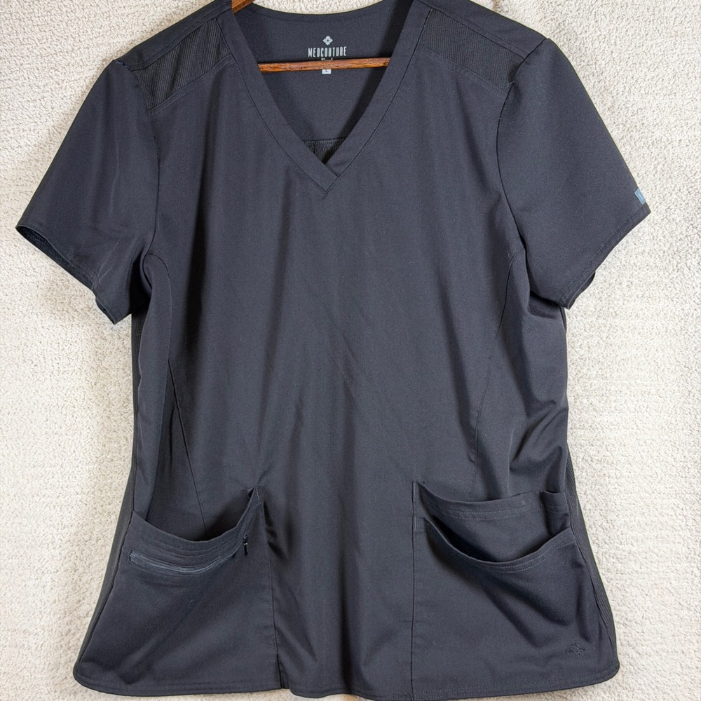 Med Couture Touch Womens Black V-Neck Scrub Top Ribbed Back Large 7459